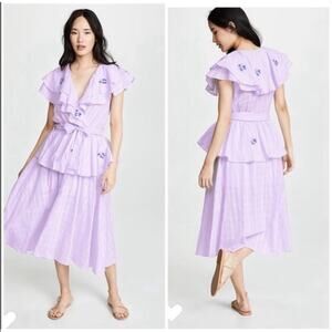 Innika Choo Lavender Pi Furlunche Wrap Ruffled Embroidered Linen Midi Dress